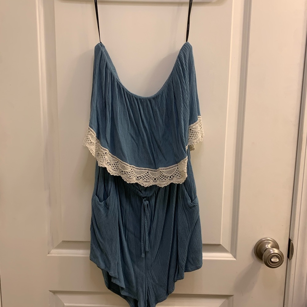 Blue lace trimmed romper